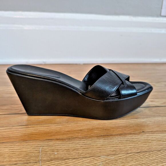 Vintage Y2K Audrey Brooke Black Wedge Sandals Leather Open Toe Chunky Size 7 - Picture 1 of 7
